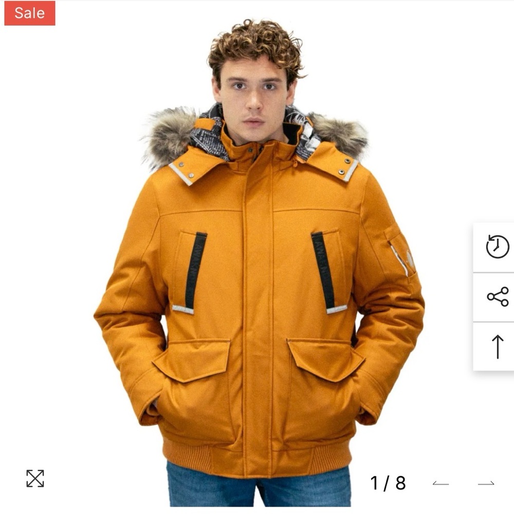 Men's Bold Orange Puffer Jacket with Faux Fur Hood